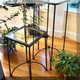 F11. 3 metal and glass top side table (2) small 24”h x 13” x 13” (1) tall 36”h x 13” x 13” 